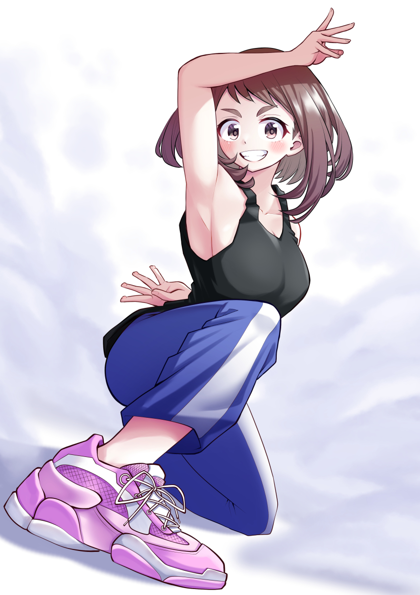 1girl, absurdres, armpits, bare_shoulders, black_tank_top, blue_pants, boku_no_hero_academia, breasts