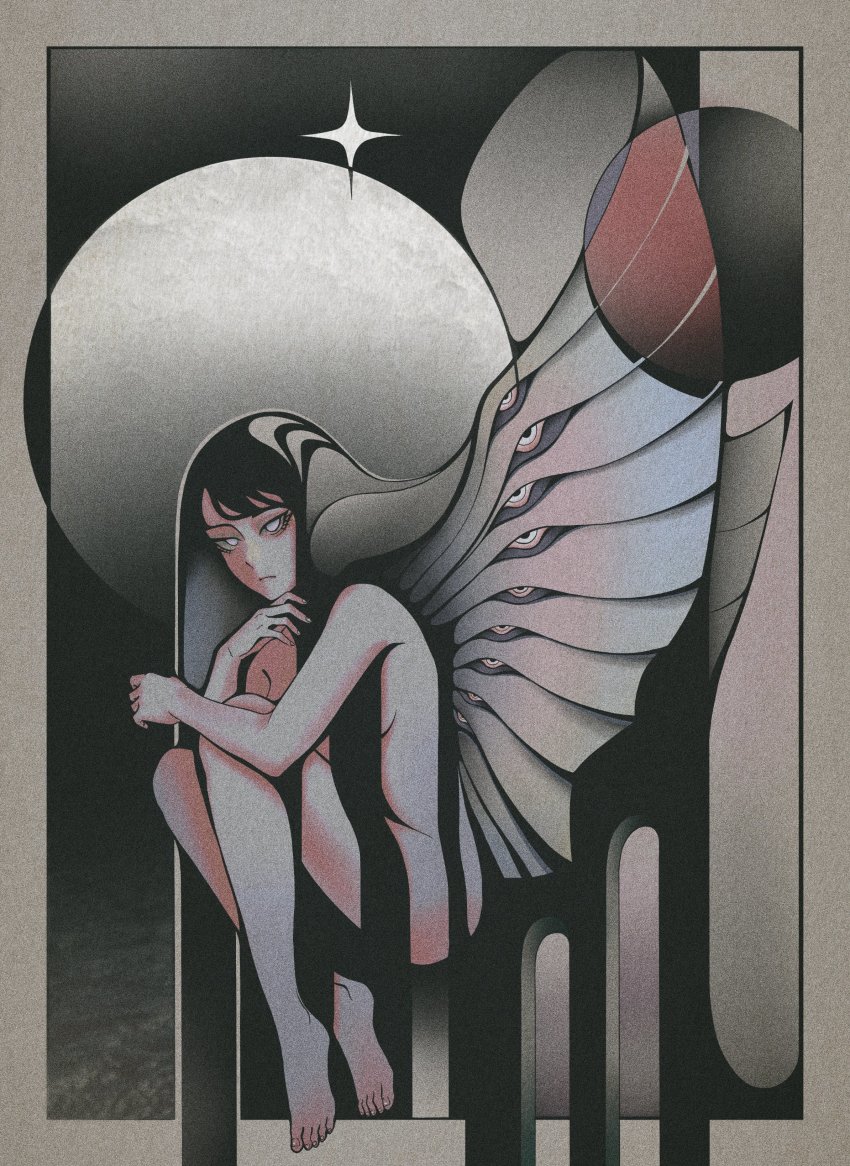 1girl, abstract, absurdres, barefoot, circle, dhjs_0010, full_body, highres