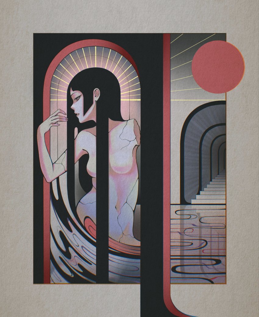 1girl, abstract, absurdres, amputee, black_hair, border, breasts, circle, crack, dhjs_0010, hand_up, highres, long_hair, medium_breasts, navel, no_nipples, nude, original, parted_lips, profile, reflection, shadow, sidelocks, solo, stairs, surreal, upper_body