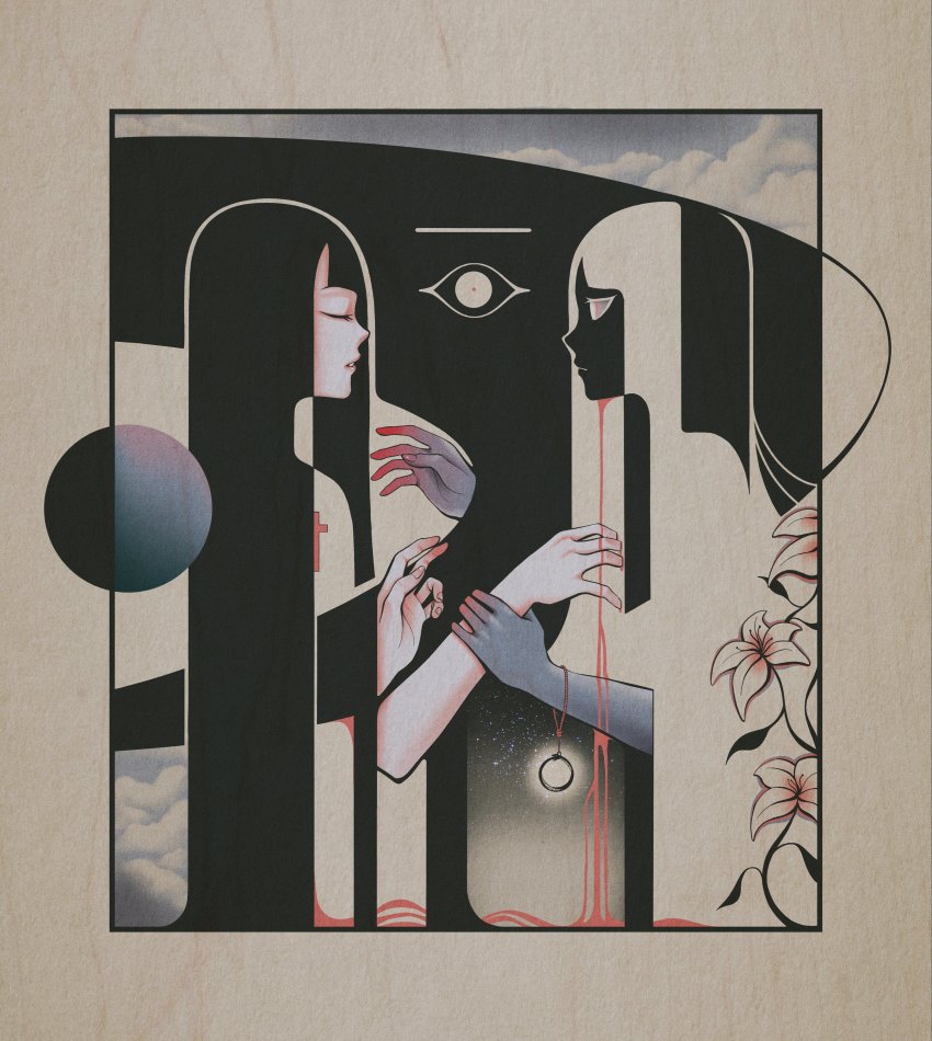 2girls, abstract, absurdres, blue_skin, border, bracelet, cloud, colored_skin