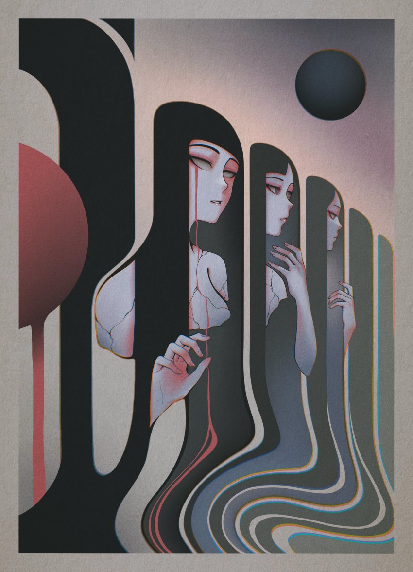 3girls, abstract, absurdres, black_hair, blank_eyes, blunt_bangs, border, bright_pupils