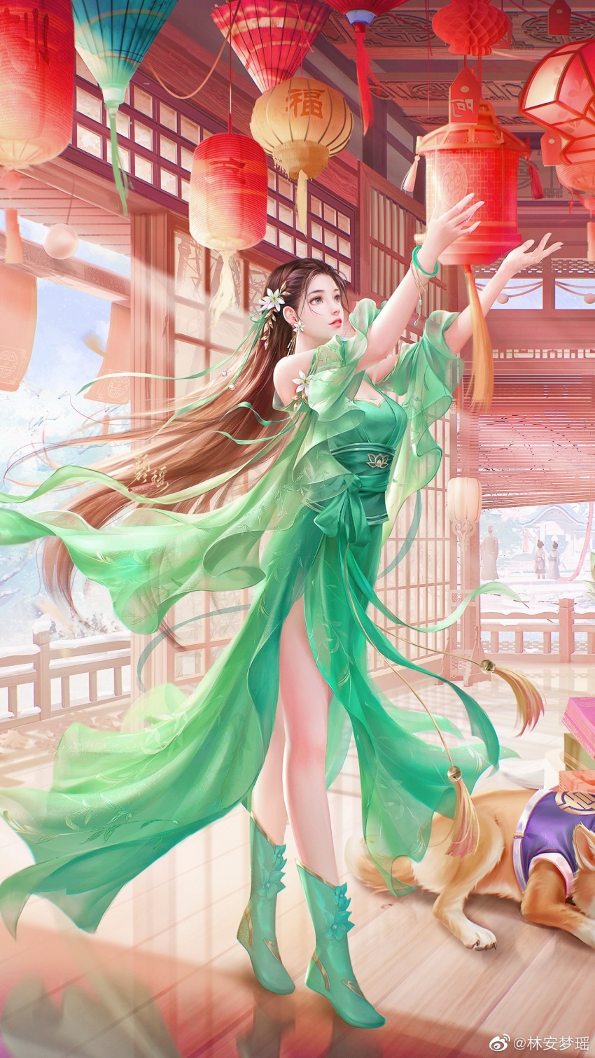 1girl, bare_legs, bi_yao_(zhu_xian), boots, bracelet, brown_hair, cleavage_cutout, clothing_cutout, dog, dress, green_dress, hanging_lantern, highres, jewelry, latern, light, lin_an_meng_yao, long_hair, reflective_floor, shiny_floor, thighs, zhu_xian