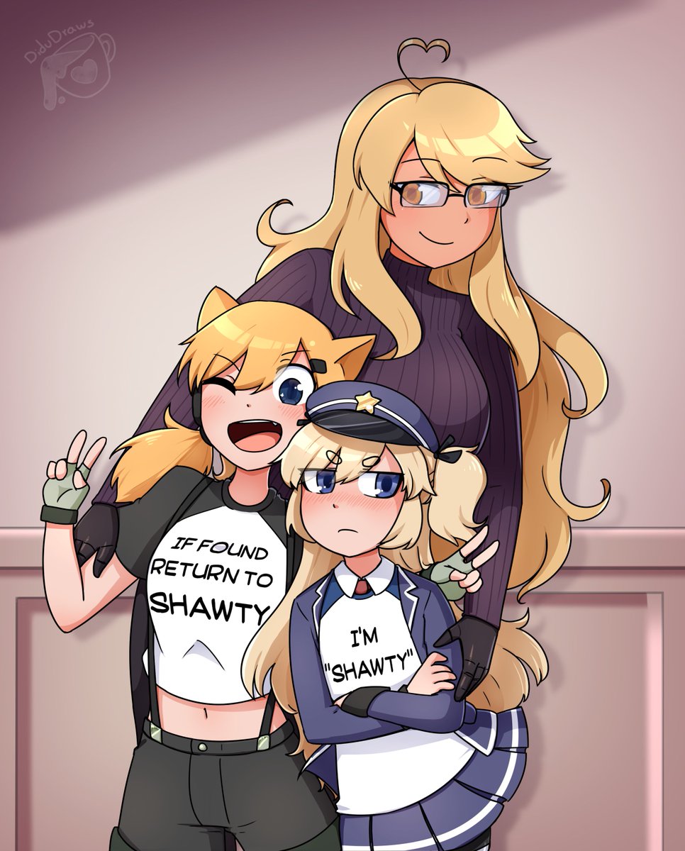 3girls, ahoge, alma_armas, animal_ears, artist_name, blonde_hair, blue_eyes, blush, brown_eyes, cat_ears, cat_girl, crossover, dark-skinned_female, dark_skin, didudraws, english_text, fingerless_gloves, girls'_frontline, gloves, hat, highres, idw_(girls'_frontline), if_lost_return_to_(meme), long_hair, mechanical_arms, meme, multiple_girls, one_eye_closed, peaked_cap, police_hat, shorts, skirt, smile, super-shorty_(girls'_frontline), suspender_shorts, suspenders, va-11_hall-a