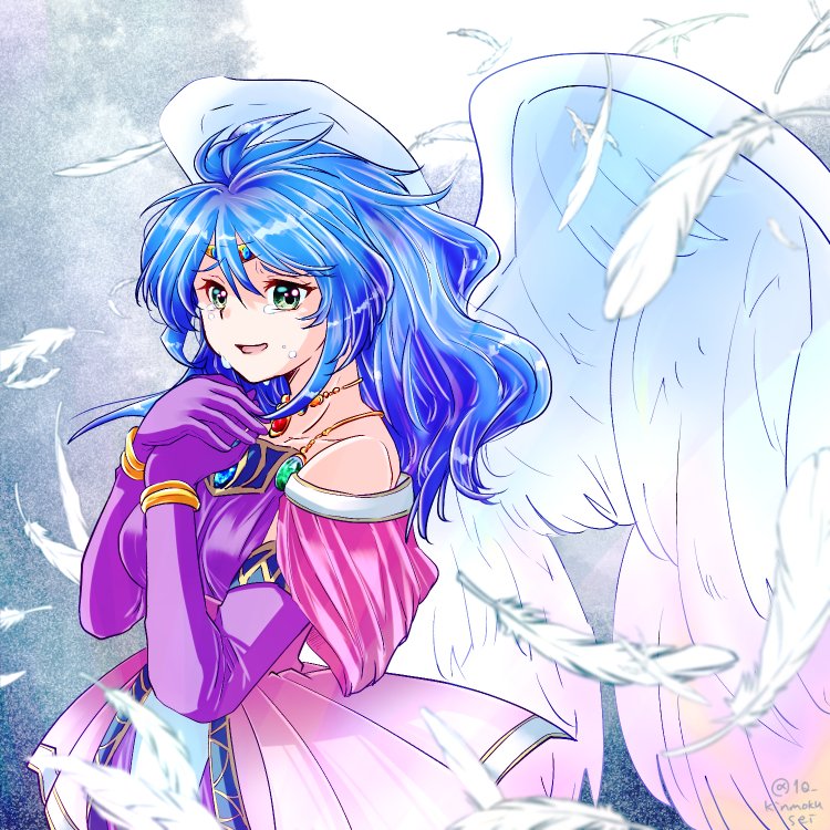 1girl, angel_wings, blue_hair, breasts, breath_of_fire, breath_of_fire_ii, crying, crying_with_eyes_open