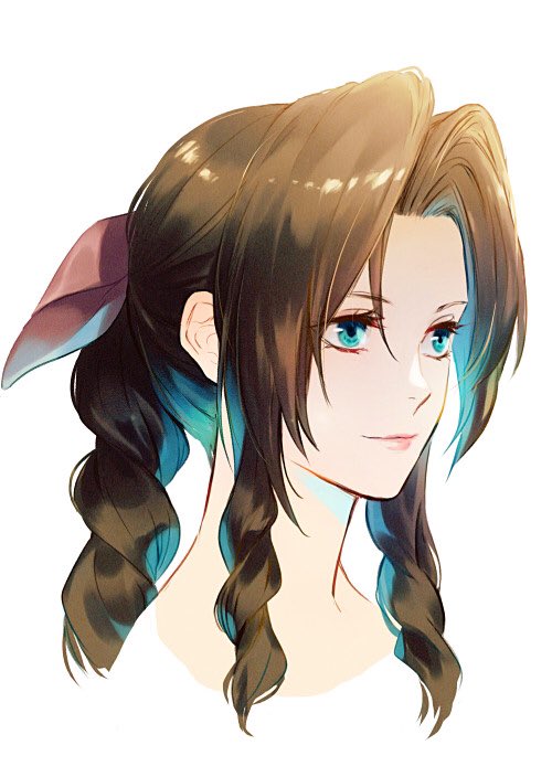 1girl, aerith_gainsborough, braid, braided_ponytail, brown_hair, cma_cmakuma, curly_hair, final_fantasy, final_fantasy_vii, final_fantasy_vii_remake, green_eyes, hair_between_eyes, hair_ribbon, parted_bangs, pink_lips, pink_ribbon, portrait, ribbon, sidelocks, solo, white_background