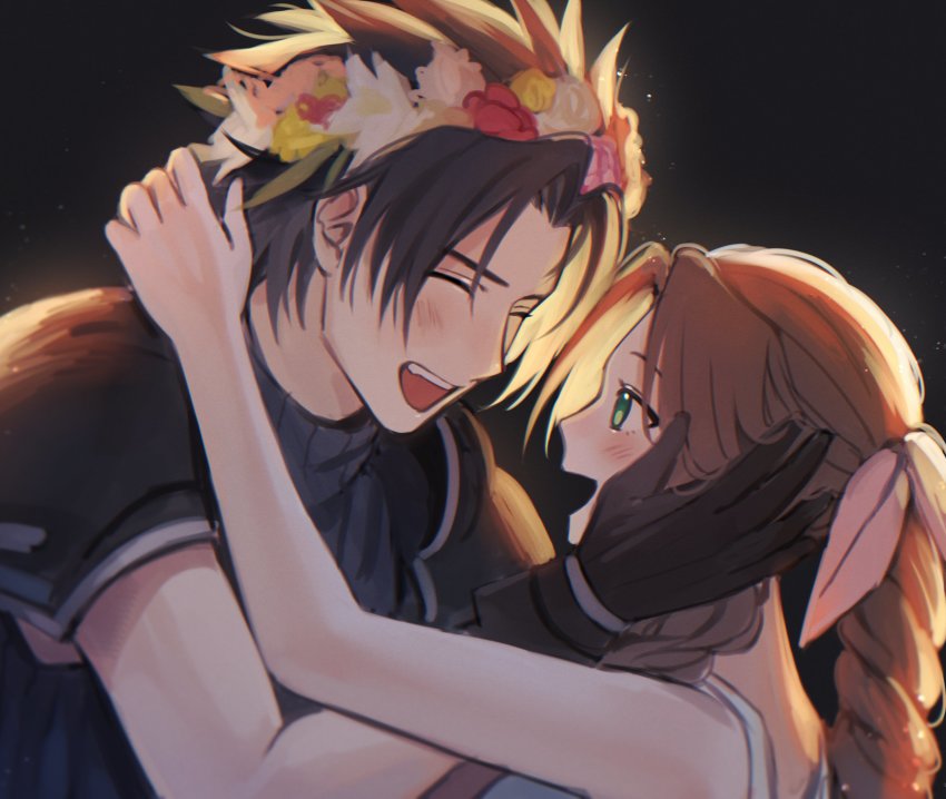 1boy, 1girl, absurdres, aerith_gainsborough, armor, bare_shoulders, black_background, black_gloves