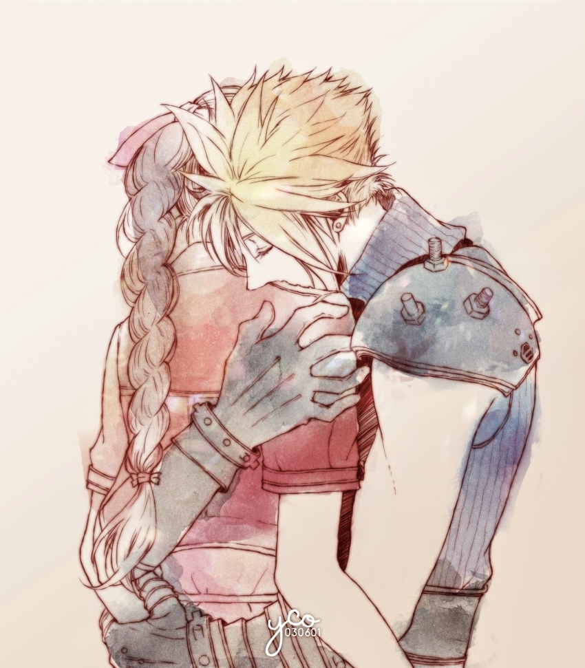 1boy, 1girl, aerith_gainsborough, armor, belt, blonde_hair, blue_shirt, braid