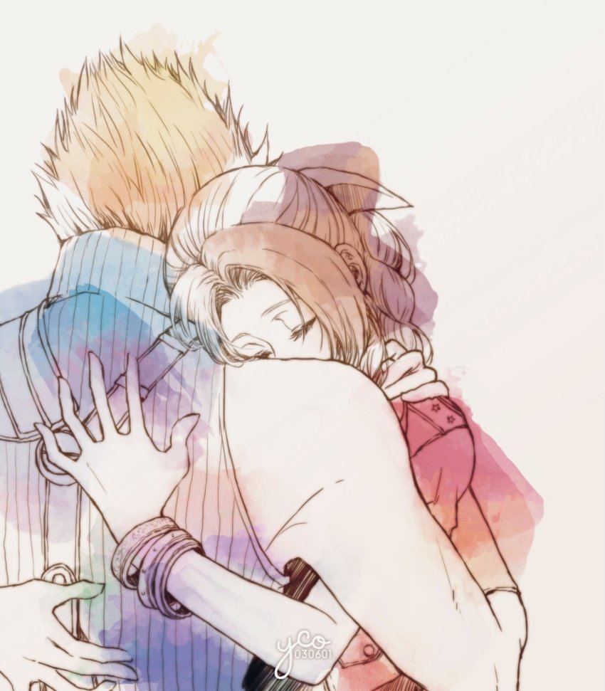 1boy, 1girl, aerith_gainsborough, armor, belt, blonde_hair, blue_shirt, bracelet