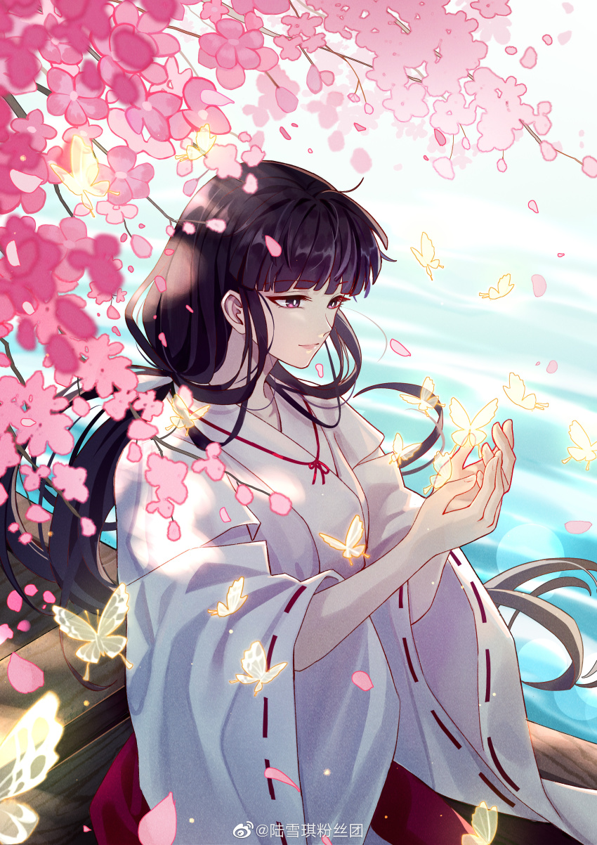1girl, absurdres, black_hair, boat, bug, butterfly, cherry_blossoms, glowing_butterfly