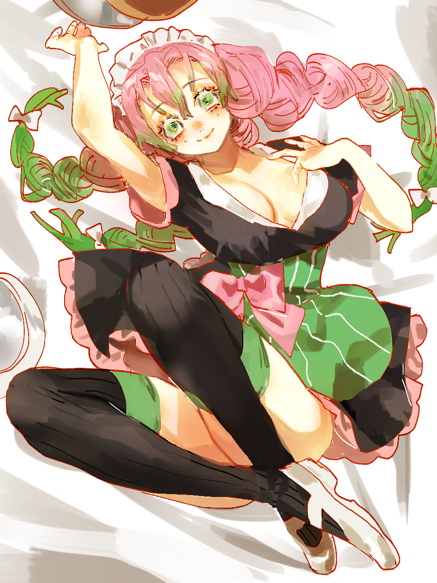1girl, apron, arm_above_head, black_legwear, blush, bow, braid, breasts