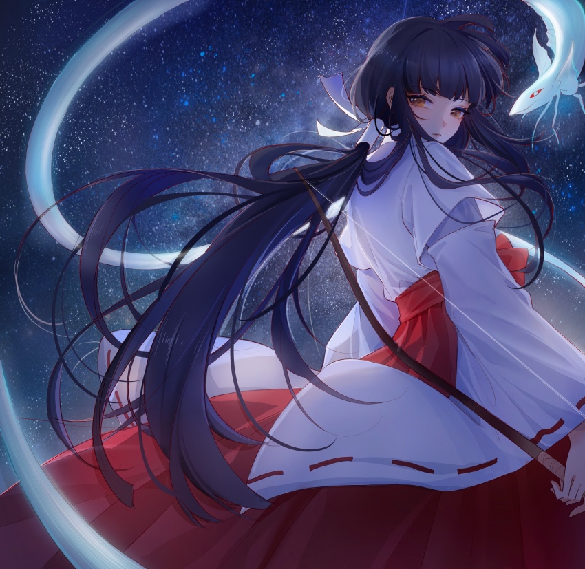 1girl, absurdres, back, black_hair, blunt_bangs, bow, bow_(weapon), hakama, highres, holding, holding_bow_(weapon), holding_weapon, inuyasha, japanese_clothes, kikyou_(inuyasha), long_hair, looking_back, lu_xueqi_tongren_ye, miko, night, ponytail, priestess, sky, spirit, star_(sky), starry_sky, very_long_hair, weapon