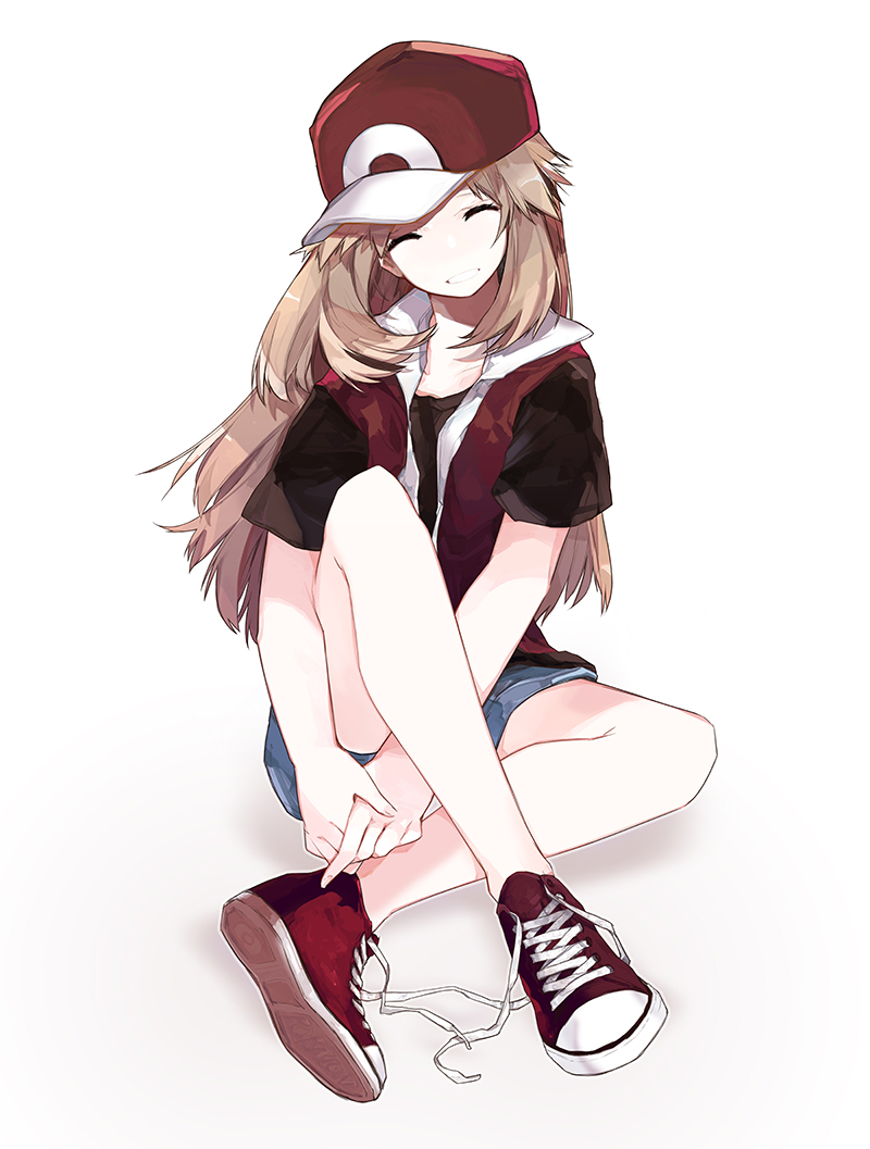 1girl, bad_id, bad_pixiv_id, baseball_cap, brown_hair, closed_eyes, commentary, cosplay, crossed_legs, english_commentary, eyelashes, fingernails, full_body, hat, jacket, leaf_(pokemon), lillin, long_hair, nintendo, own_hands_together, pokemon, pokemon_firered_and_leafgreen, red_(pokemon), red_(pokemon)_(cosplay), shoes, short_sleeves, shorts, simple_background, smile, solo, white_background