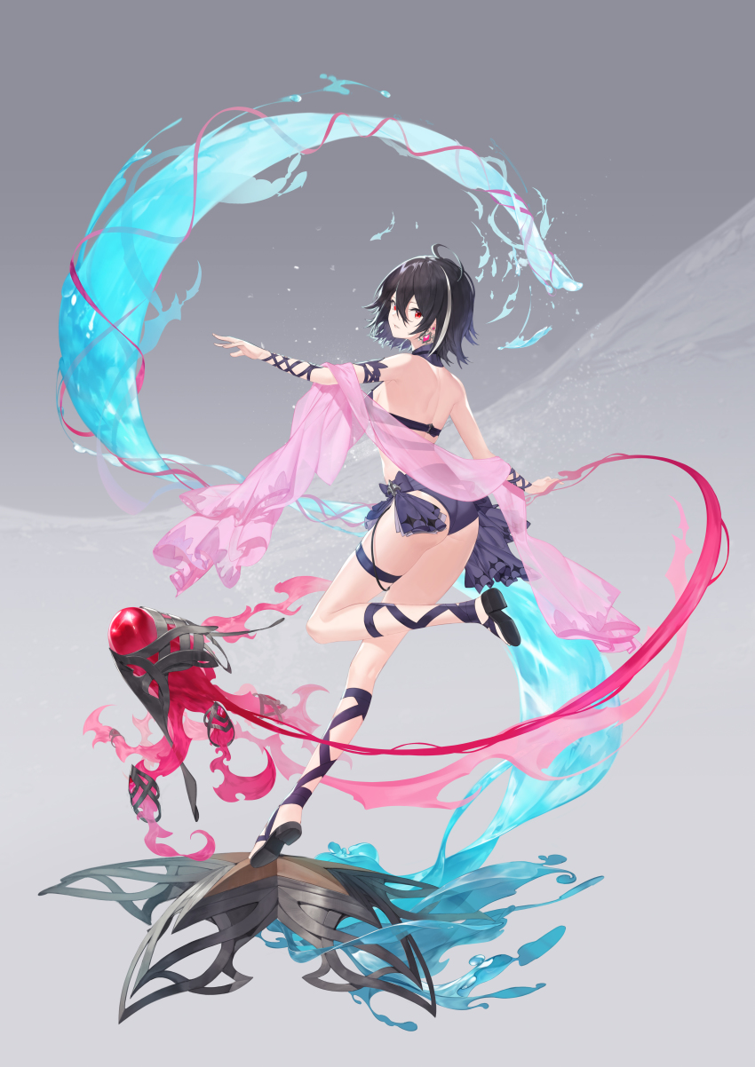 1girl, absurdres, ahoge, armband, atta_(atta_1129), bare_shoulders, black_hair, black_sandals