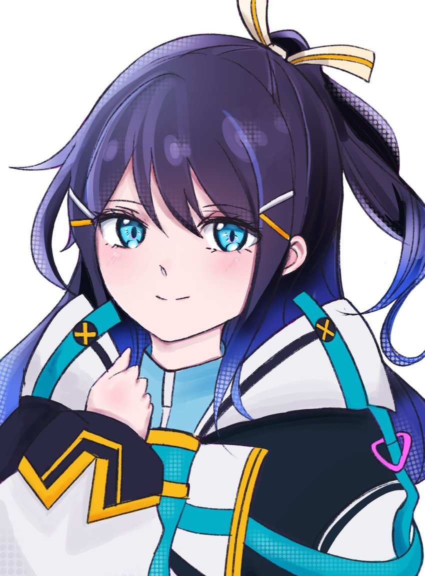 1girl, black_hair, blue_eyes, blue_hair, clenched_hand, gradient_hair, gundam, gundam_n-extreme, hair_behind_ear, hair_ribbon, highres, hood, hooded_jacket, jacket, kano_clans, looking_at_viewer, multicolored_hair, ponytail, portrait, ribbon, smile, solo, streaked_hair, tsukishiro_rina_(artist), turtleneck, white_jacket, yellow_ribbon