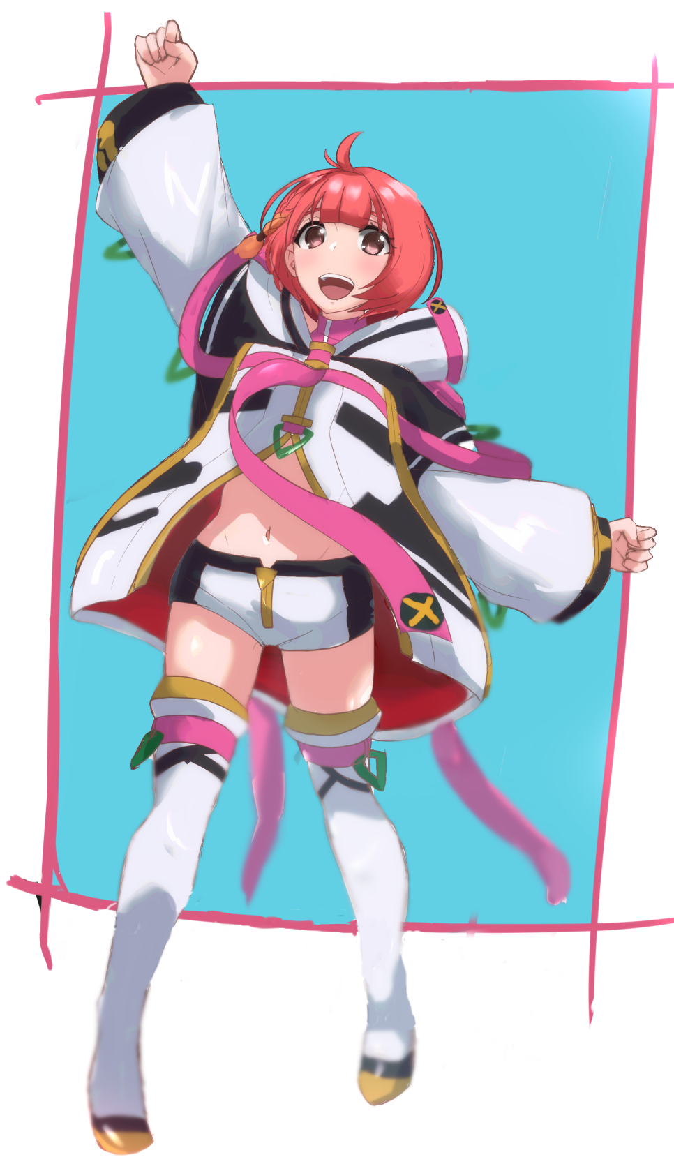 1girl, :d, blue_background, blush, border, brown_eyes, clenched_hands, gold_footwear