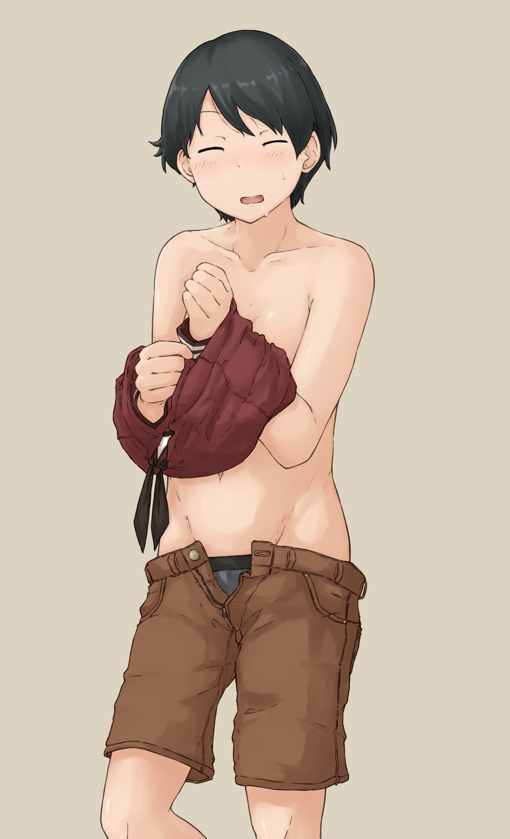1girl, black_hair, brown_serafuku, brown_shirt, brown_shorts, chagamaka, closed_eyes, collarbone