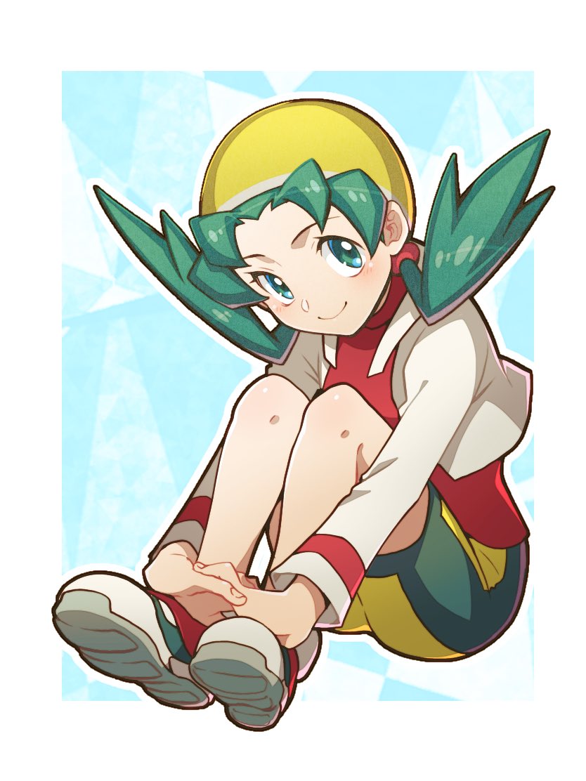 1girl, aqua_eyes, aqua_hair, bike_shorts, blue_background, happy, jacket, kris_(pokemon), legs_together, looking_at_viewer, nagi_(exsit00), nintendo, pokemon, pokemon_gold/silver/crystal, red_footwear, red_shirt, shirt, short_twintails, sitting, smile, twintails, white_jacket, yellow_headwear, yellow_legwear