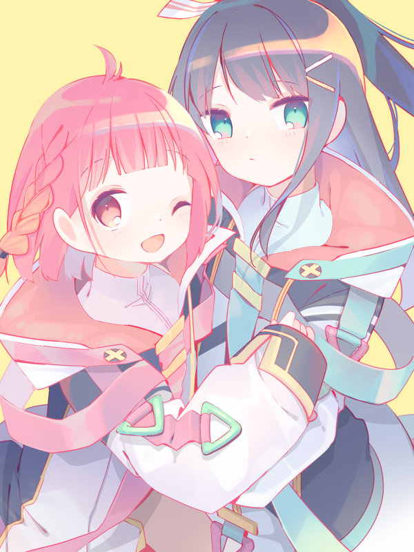 2girls, 2y_(tsuyu), black_hair, blue_eyes, braid, gradient_hair, gundam, gundam_n-extreme