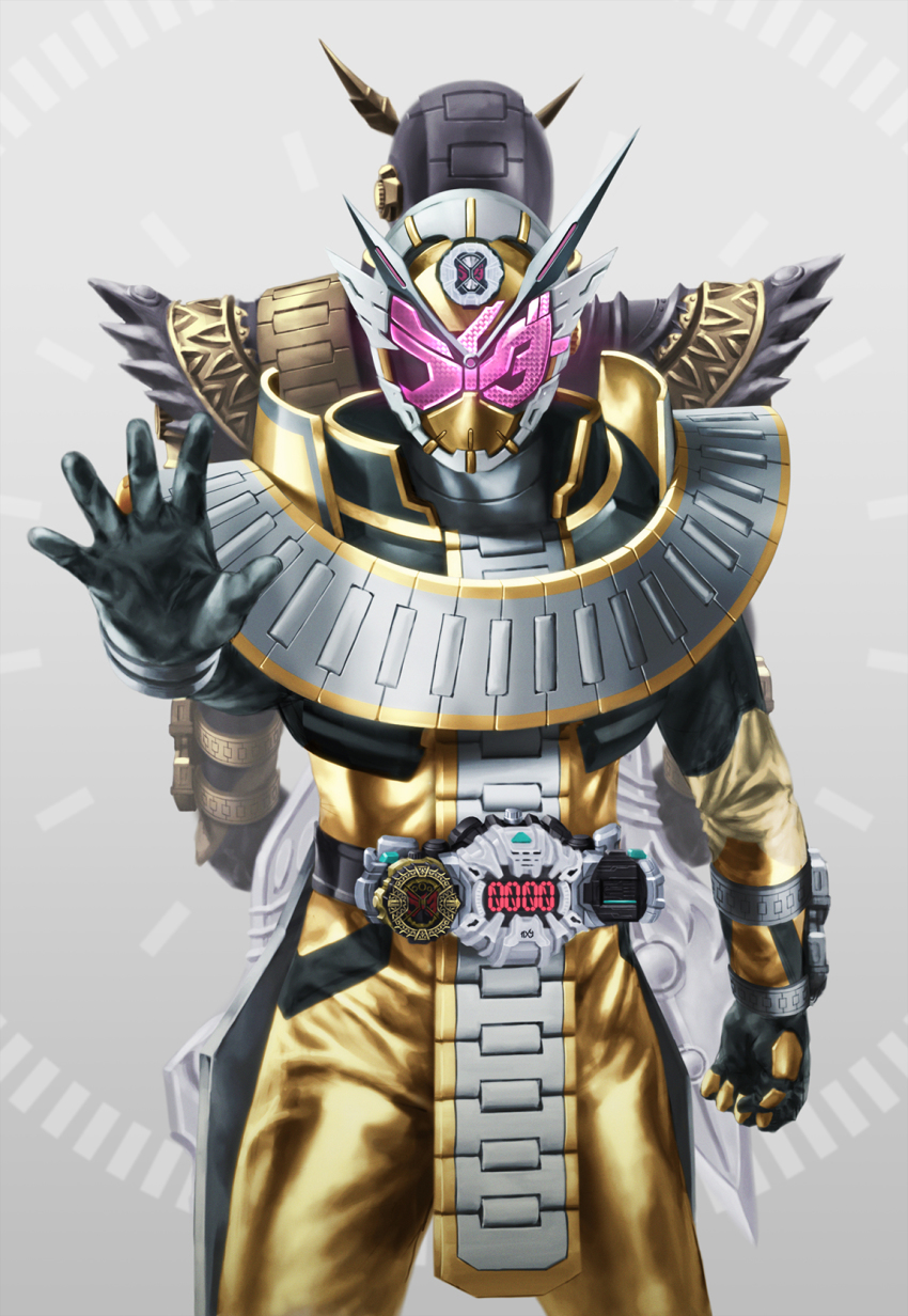 2boys, alternate_costume, armor, back-to-back, black_armor, black_bodysuit, black_footwear, bodysuit, boots, clock_hands, cowboy_shot, future, gold_trim, highres, kamen_rider, kamen_rider_zi-o, kamen_rider_zi-o_(series), kamen_rider_zi-o_ouma, kamen_rider_zi-o_the_movie:over_quartzer, katakana, loincloth, memerosa, multiple_boys, official_alternate_costume, ouma_zi-o, ouma_zi-o_rider_watch, pink_eyes, rider_watch, shoulder_armor, sword, tokusatsu, trait_connection, weapon, ziku_driver