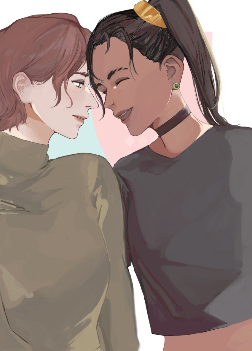 2girls, apex_legends, black_choker, black_hair, black_shirt, blue_eyes, brown_hair, brown_sweater