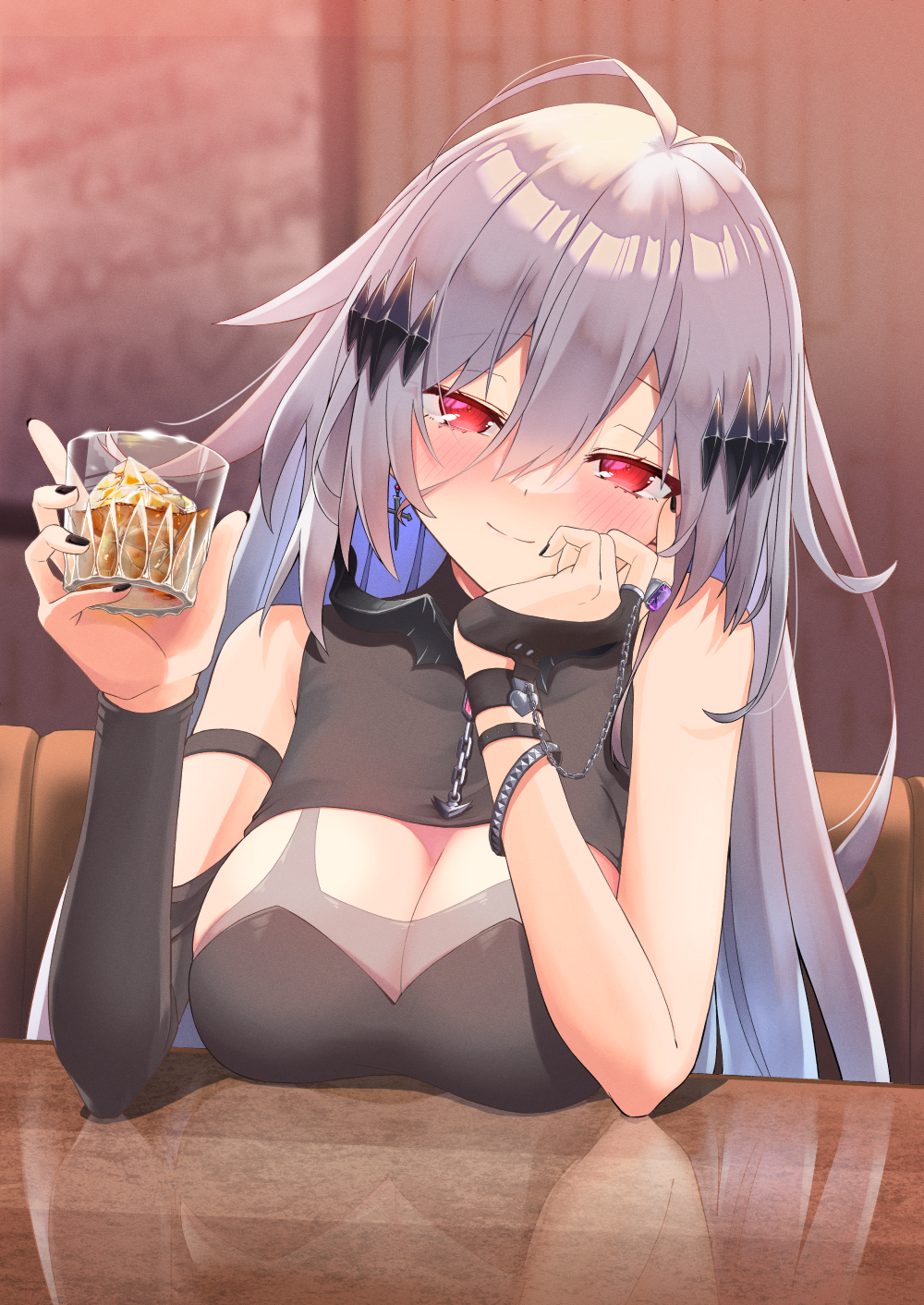 1girl, ahoge, alcohol, black_nails, blush, breasts, bridal_gauntlets, chain