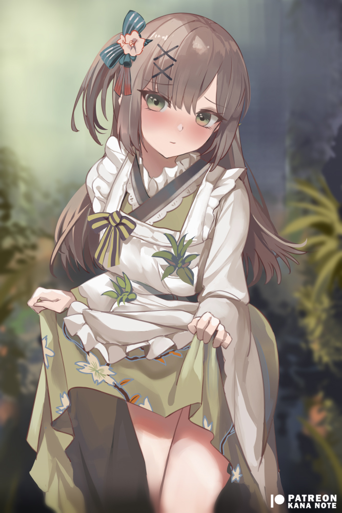 1girl, apron, apron_hold, blue_bow, blush, bow, breasts, brown_hair
