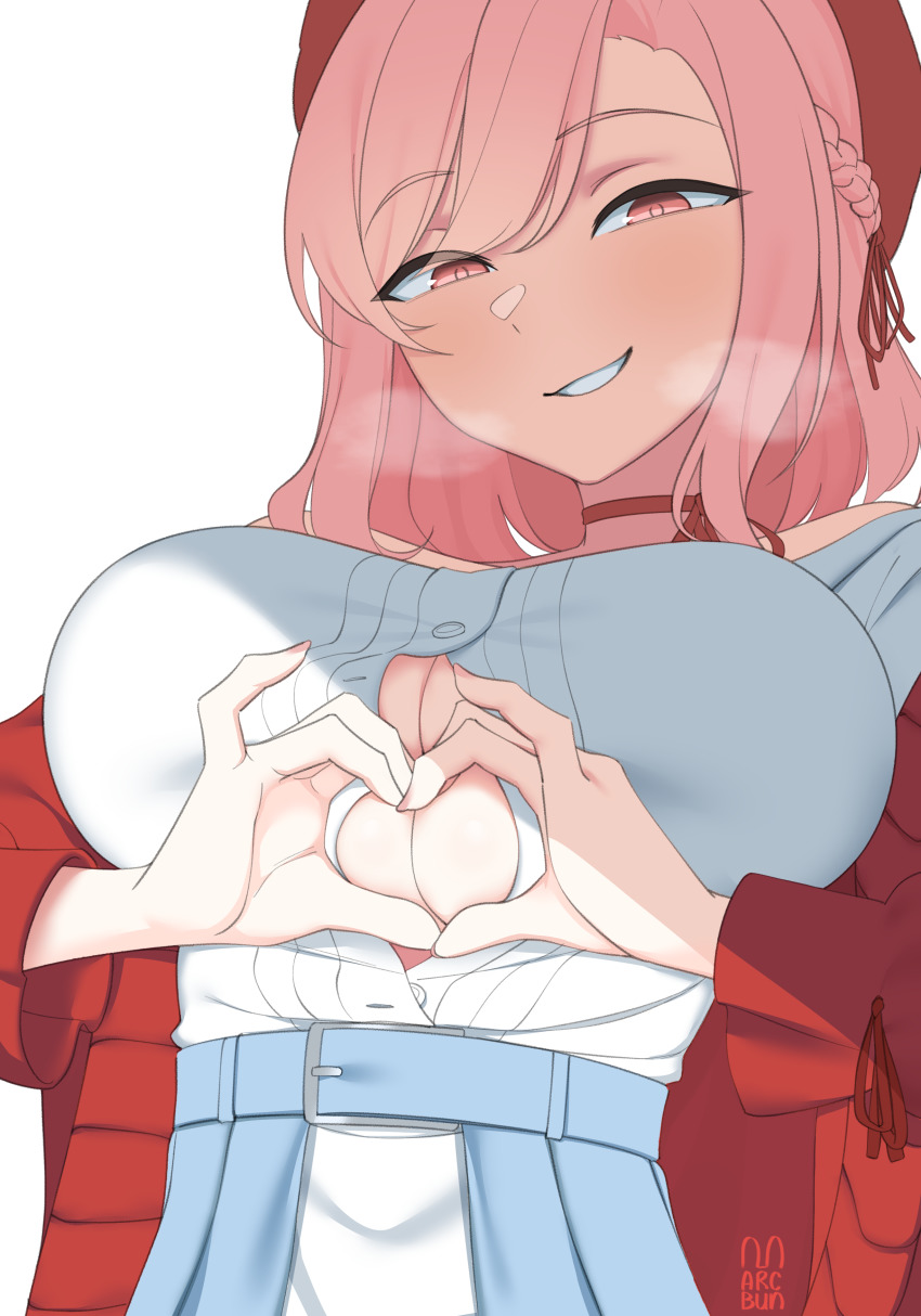 1girl, absurdres, belt, beret, breasts, cleavage, grin, hat, heart, heart_hands, heavy_breathing, highres, kijikoru, long_hair, looking_at_viewer, nini_yuuna, nini_yuuna_(1st_costume), pink_eyes, pink_hair, simple_background, smile, solo, tsunderia, virtual_youtuber, white_background