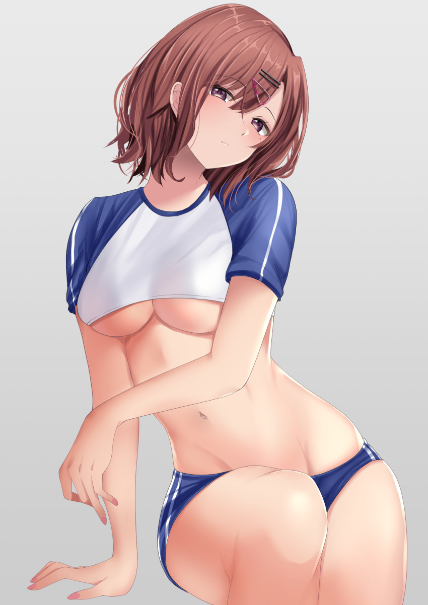 1girl, abi_(abimel10), arm_support, breasts, brown_hair, crop_top, hair_between_eyes, hair_ornament