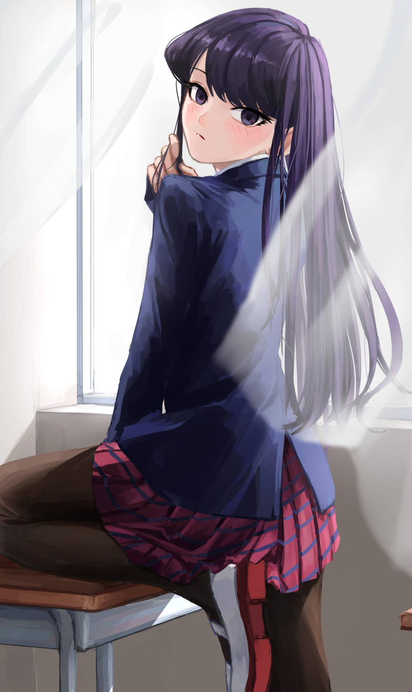 1girl, absurdres, black_pantyhose, blue_jacket, classroom, closed_mouth, commentary, curtains