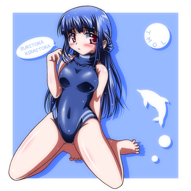 1girl, :/, blue_hair, blush, breasts, casual_one-piece_swimsuit, dolphin, english_text