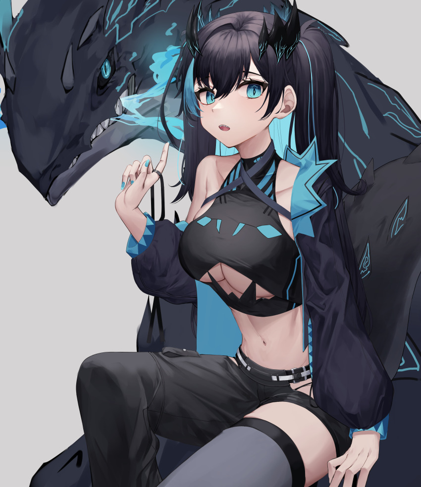 1girl, absurdres, bad_id, bad_pixiv_id, black_hair, black_tank_top, blue_eyes, blue_nails, breasts, crop_top, feet_out_of_frame, haiz_(vtuber), highres, jacket, jacket_on_shoulders, long_hair, looking_at_viewer, mea_(hwaksal), medium_breasts, monstar_(company), nail_polish, navel, open_mouth, sitting, solo, tank_top, teeth, thighs, twintails, underboob, upper_teeth_only, virtual_youtuber, white_background