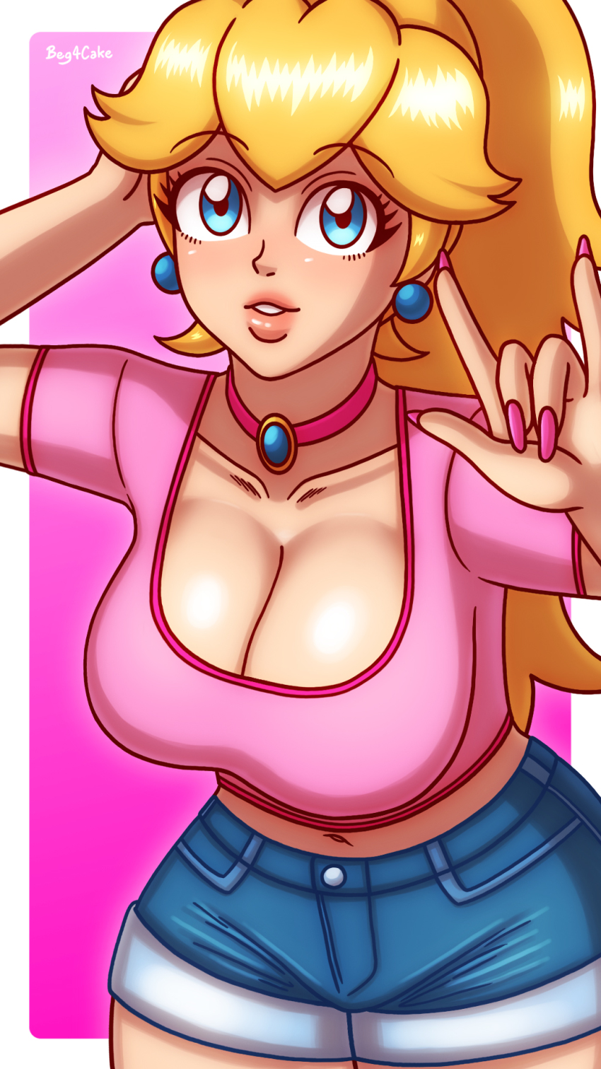 1girl, alternate_costume, arm_up, beg4cake, blonde_hair, blouse, blue_eyes, blue_shorts, border, breasts, choker, cleavage, collarbone, denim, denim_shorts, grin, hand_up, highres, ighs, jewelry, large_breasts, legs, lips, lipstick, long_hair, looking_at_viewer, makeup, mario_(series), midriff, nail_polish, navel, neck, necklace, nintendo, outside_border, pink_background, pink_choker, pink_lips, pink_nails, pink_shirt, ponytail, princess, princess_peach, shiny_skin, shirt, short_shorts, short_sleeves, shorts, smile, solo, super_mario_bros._1, thick_thighs, thighs, white_border