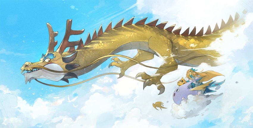 1girl, above_clouds, animal_focus, antlers, armor, blonde_hair, blue_bow, blue_cape, blue_sky, bow, cape, claws, cloud, colored_eyelashes, day, dragon, dragon_quest, escalin_(hld_doreko), ethereal_serpent, eye_contact, flying, from_side, hair_bow, happy, highres, horns, linne_(hld_doreko), long_hair, looking_at_another, looking_back, midair, open_mouth, outdoors, profile, riding, sharp_teeth, shoulder_armor, sidelocks, sideways_mouth, sky, slime_(creature), slime_(dragon_quest), smile, spikes, teeth, waist_cape, whiskers, yellow_eyes