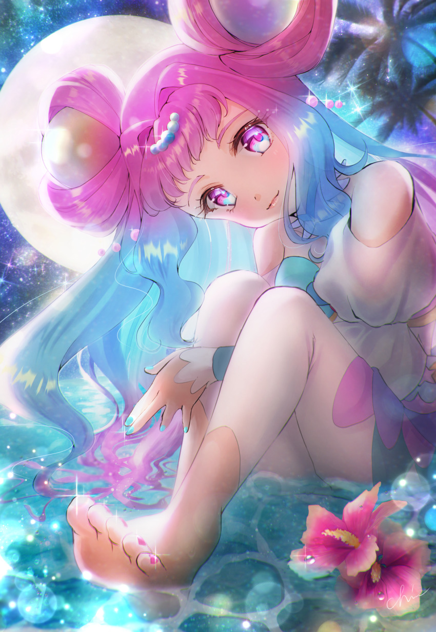 1girl, barefoot, blue_eyes, blue_hair, blue_nails, closed_mouth, clothing_cutout, cure_la_mer, floating_hair, flower, full_moon, gradient_hair, hair_intakes, hair_ornament, head_tilt, hibiscus, highres, long_hair, long_sleeves, looking_at_viewer, minccino7, moon, multicolored_hair, nail_polish, night, palm_tree, pants, pink_eyes, pink_flower, pink_hair, pink_nails, precure, shoulder_cutout, signature, sitting, sky, smile, solo, sparkle, sphere_hair_ornament, star_(sky), starry_sky, toenail_polish, toenails, tree, tropical-rouge!_precure, very_long_hair, water, white_pants