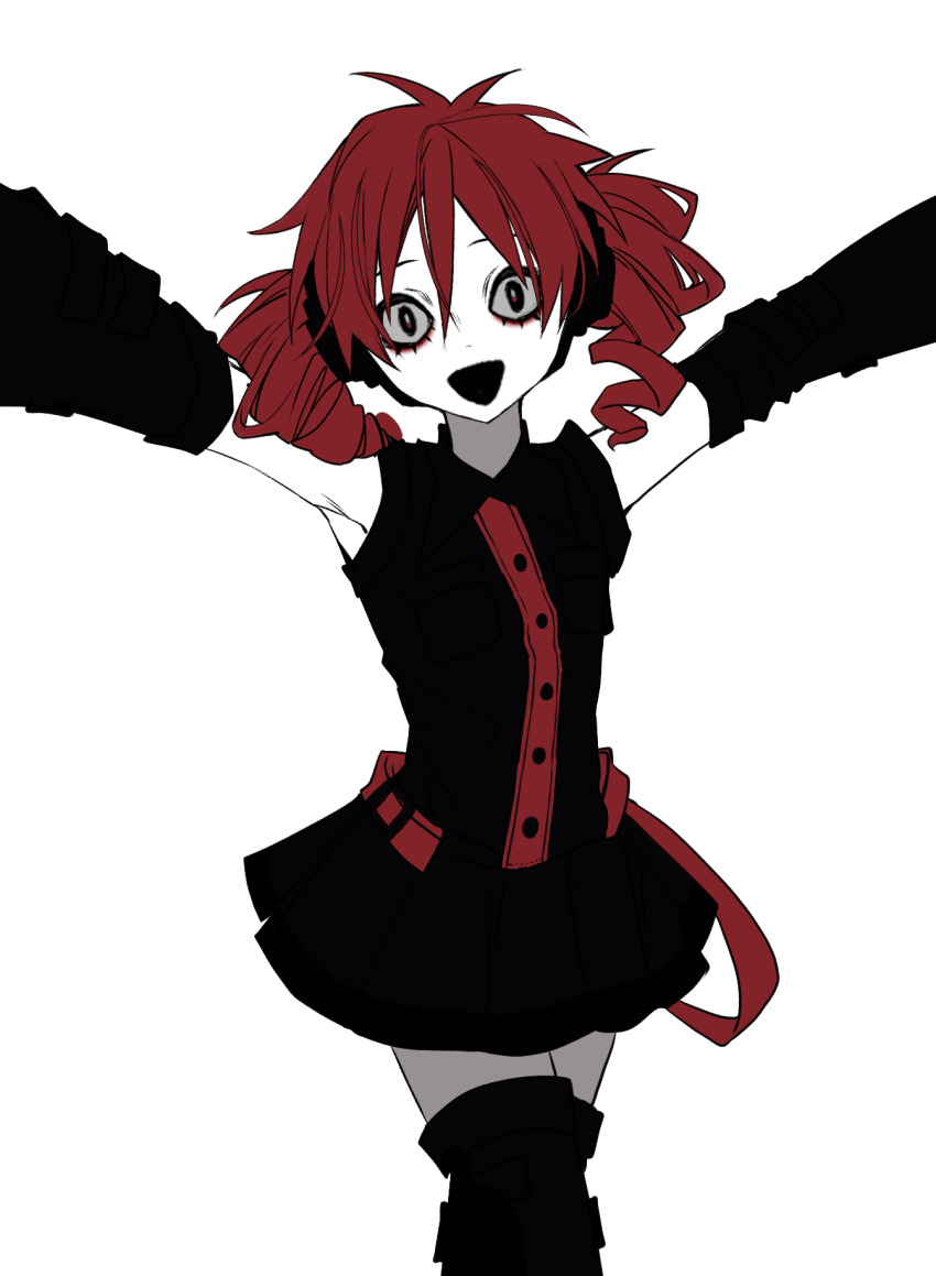 1girl, armpits, arms_up, bad_id, bad_pixiv_id, bags_under_eyes, belt, collared_shirt, colored_skin, constricted_pupils, detached_sleeves, drill_hair, empty_eyes, headphones, hemostatic, highres, horror_(theme), kasane_teto, kasane_teto_(utau), medium_hair, outstretched_arms, pleated_skirt, red_eyes, shirt, skirt, sleeveless, sleeveless_shirt, solo, thighhighs, triangle_mouth, twin_drills, utau, white_skin