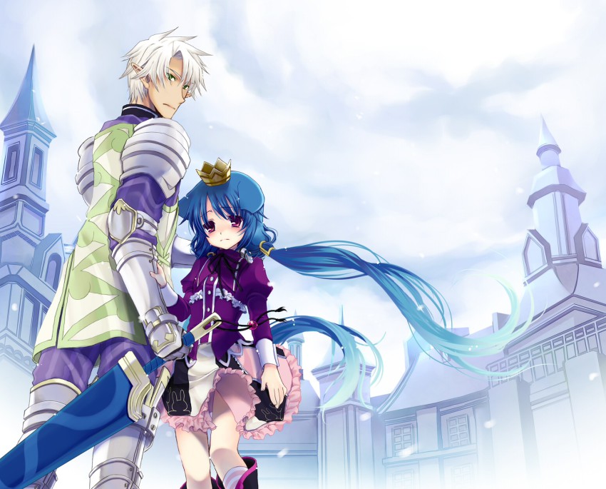 1boy, 1girl, 7th_dragon, 7th_dragon_(series), animal_ears, armor, bad_id, bad_pixiv_id, blue_hair, grion_(7th_dragon), highres, knight_(7th_dragon), momomeno_(7th_dragon), princess_(7th_dragon), sword, takashina_asahi, weapon, white_hair