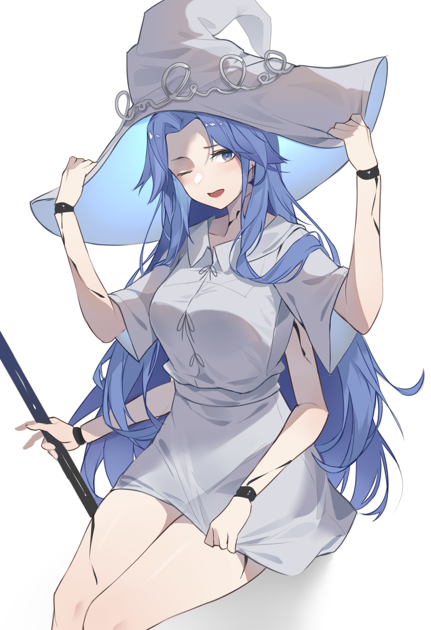 1girl, absurdres, alternate_breast_size, alternate_skin_color, blue_eyes, blue_hair, breasts, cloak, commentary_request, cracked_skin, doll_joints, dress, elden_ring, extra_arms, forehead, hands_on_headwear, hat, highres, holding, holding_polearm, holding_weapon, joints, large_breasts, long_hair, looking_at_viewer, medium_breasts, one_eye_closed, open_mouth, origami42169025, polearm, ranni_the_witch, sitting, solo, very_long_hair, weapon, white_dress, white_hat, witch, witch_hat