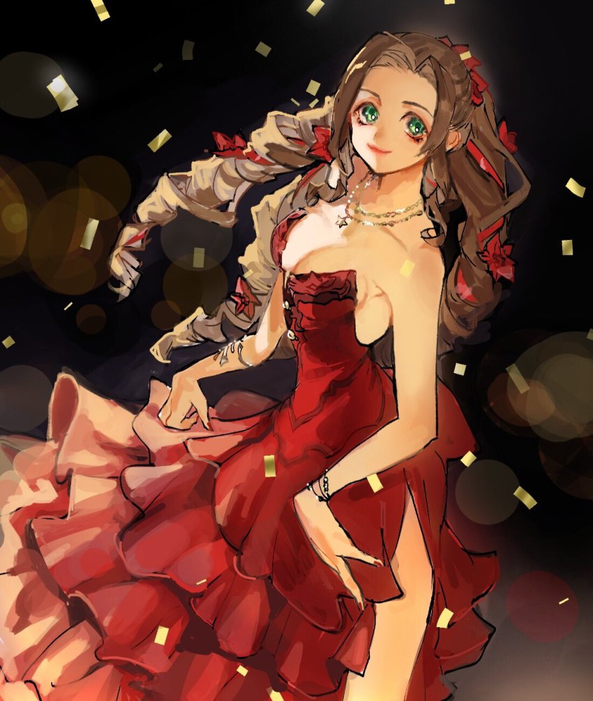 1girl, aerith_gainsborough, aerith_gainsborough_(red_dress), backless_dress, backless_outfit, bare_shoulders, black_background, bracelet, breasts, brown_hair, cleavage, confetti, dress, final_fantasy, final_fantasy_vii, final_fantasy_vii_remake, flamenco_dress, flower, green_eyes, hair_flower, hair_ornament, hair_ribbon, highres, jewelry, long_dress, long_hair, meameeea, medium_breasts, multiple_necklaces, necklace, official_alternate_costume, parted_bangs, red_dress, ribbon, ringlets, sidelocks, solo, upper_body, wall_market, wavy_hair