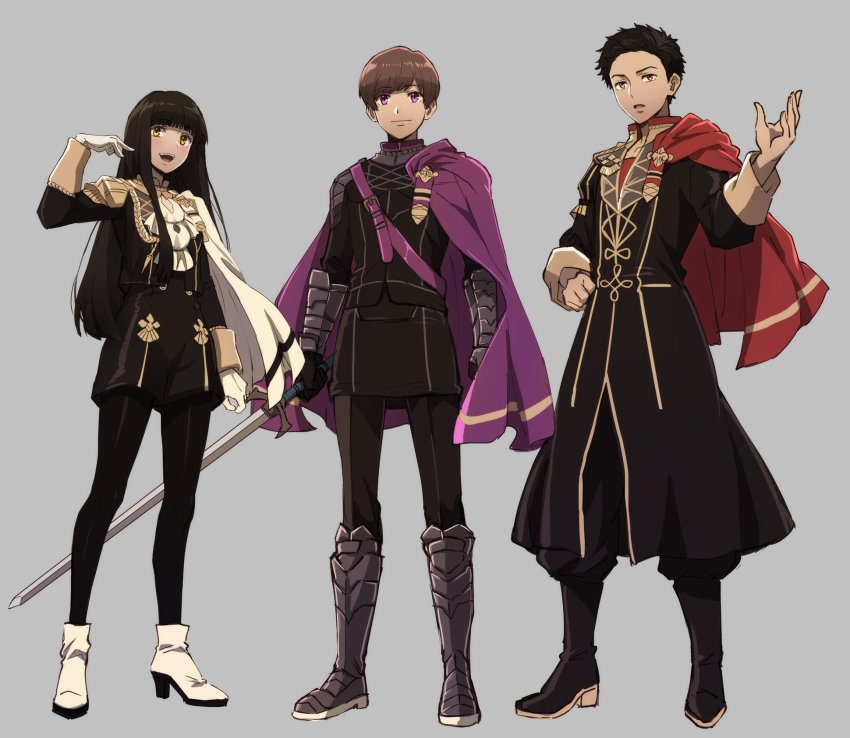 1girl, 2boys, adapted_costume, alternate_universe, black_footwear, black_hair, black_jacket, black_pants, blunt_bangs, boots, breasts, brown_hair, cape, commentary, commentary_request, dress, gloves, grin, highres, jacket, kamen_rider, kamen_rider_zi-o_(series), light_smile, long_coat, long_hair, looking_at_viewer, male_focus, medium_breasts, mido_(byebyebye03), military, military_uniform, mole, mole_under_eye, multiple_boys, myoukouin_geiz, orange_eyes, pants, pantyhose, purple_cape, red_cape, red_eyes, red_jacket, shirt, shoes, short_hair, side_cape, sidelocks, sitting, smile, straight_hair, striped, sword, tokiwa_sougo, tsukuyomi_(zi-o), weapon, white_cape, white_gloves, yellow_eyes