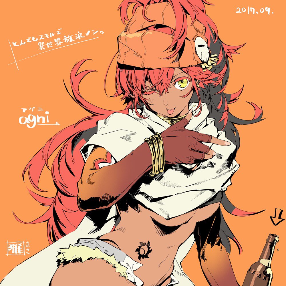 1girl, ;p, agni_(tonsuki), arrow_(symbol), bangle, bottle, bracelet, breasts, brown_gloves, character_name, cloak, colored_eyelashes, cutoff_jeans, cutoffs, dark-skinned_female, dark_skin, dated, denim, denim_shorts, earrings, elbow_gloves, fingerless_gloves, fingernails, gloves, gradient_gloves, hair_ornament, hand_up, headscarf, jewelry, long_hair, looking_at_viewer, masa_(masa-koba), navel, neck_ribbon, no_shirt, one_eye_closed, orange_background, orange_headscarf, orange_headwear, orange_theme, red_hair, ribbon, short_shorts, shorts, simple_background, skull_hair_ornament, solo, tondemo_skill_de_isekai_hourou_meshi, tongue, tongue_out, underboob, white_cloak, yellow_eyes