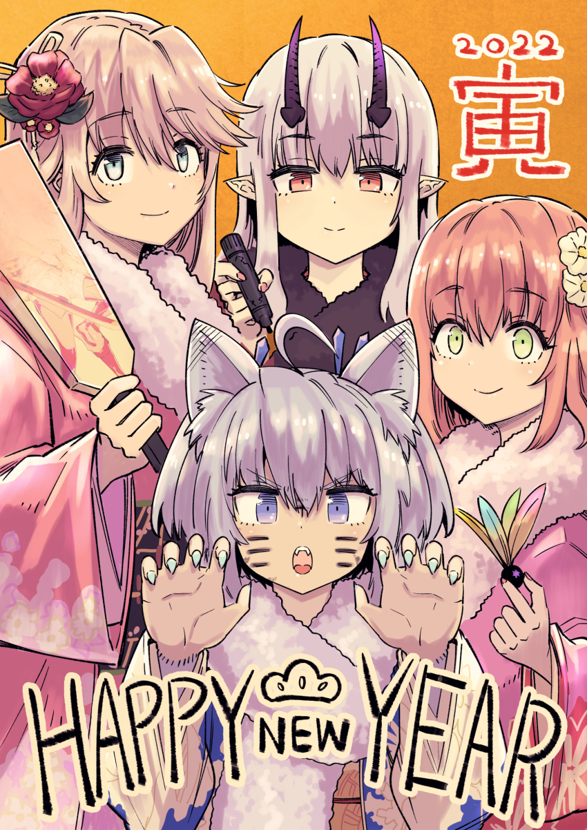 2022, 4girls, animal_ears, blue_eyes, closed_mouth, demon_girl, ellen_(kaiyari), eve_reese