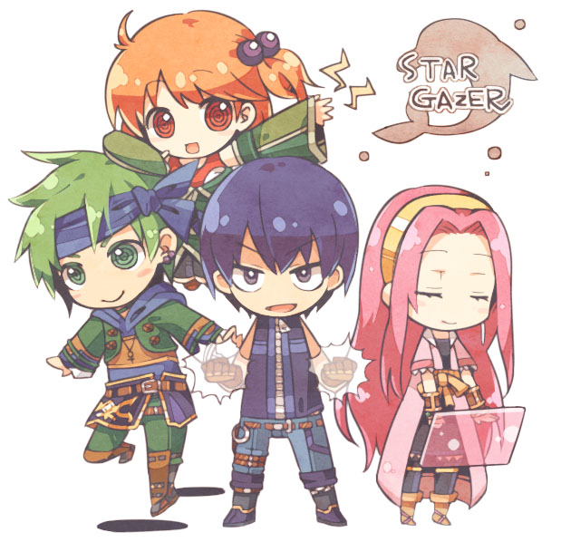 2boys, 2girls, aine_(hoshi_wo_miru_hito), bare_shoulders, blue_hair, boots, chibi, closed_eyes