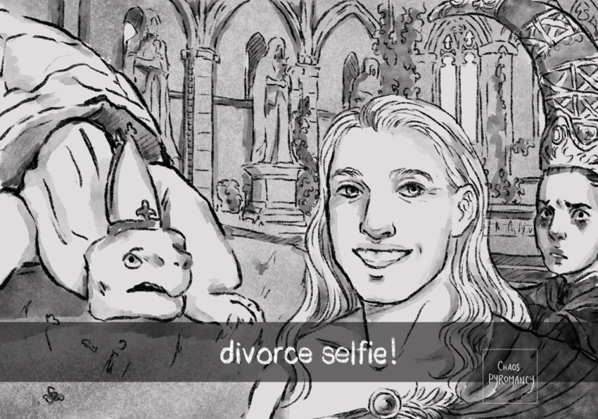 1boy, 1girl, bleue, divorce_selfie_(meme), elden_ring, greyscale, grin, hat, highres, meme, miriel_pastor_of_vows, mitre, monochrome, radagon_of_the_golden_order, rennala_queen_of_the_full_moon, smile, statue, subtitled, turtle