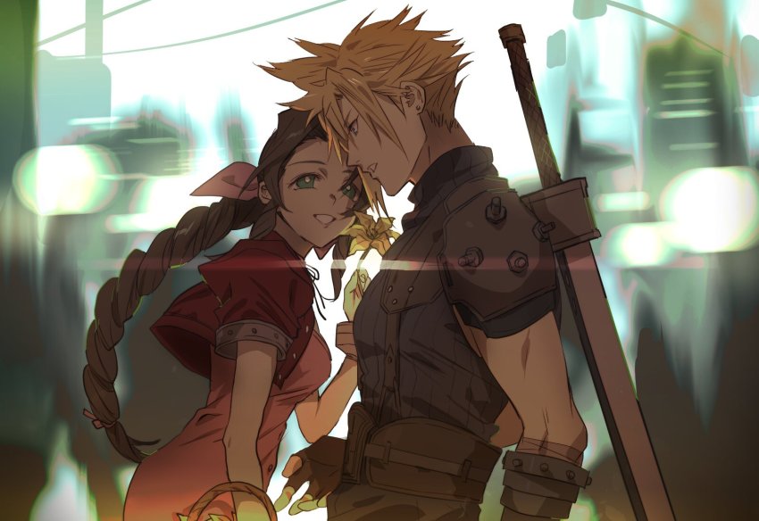1boy, 1girl, aerith_gainsborough, armor, artist_collaboration, asymmetrical_hair, bandaged_arm, bandages