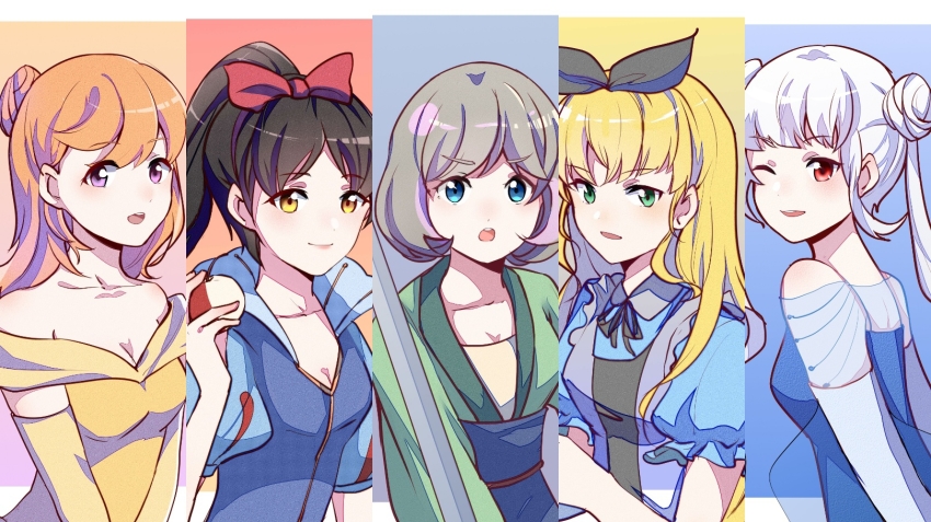 5girls, alice's_adventures_in_wonderland, alice_(alice_in_wonderland), alice_(alice_in_wonderland)_(cosplay), apple, arashi_chisato, beauty_and_the_beast_(disney), belle_(disney), belle_(disney)_(cosplay), black_hair, black_ribbon, blonde_hair, blue_dress, blue_eyes, bow, breasts, brown_eyes, chinese_clothes, cleavage, collarbone, column_lineup, cosplay, country_connection, diao_mao_de_yu_shushu, disney, dress, elsa_(frozen), elsa_(frozen)_(cosplay), fa_mulan_(disney), fa_mulan_(disney)_(cosplay), food, from_side, frozen_(disney), fruit, green_eyes, grey_hair, hair_behind_ear, hair_bow, hair_bun, hair_ribbon, hazuki_ren, heanna_sumire, highres, holding, holding_food, holding_fruit, holding_sword, holding_weapon, liella!_first_generation, long_hair, looking_at_viewer, love_live!, love_live!_superstar!!, medium_breasts, medium_hair, mulan_(movie), multicolored_hair, multiple_girls, off-shoulder_dress, off_shoulder, one_eye_closed, open_mouth, ponytail, puffy_short_sleeves, puffy_sleeves, purple_eyes, purple_hair, red_bow, ribbon, shibuya_kanon, short_hair, short_sleeves, single_hair_bun, smile, snow_white_(disney), snow_white_(disney)_(cosplay), snow_white_and_the_seven_dwarfs_(disney), streaked_hair, sword, tang_keke, v-shaped_eyebrows, weapon, white_hair, yellow_dress, yellow_eyes