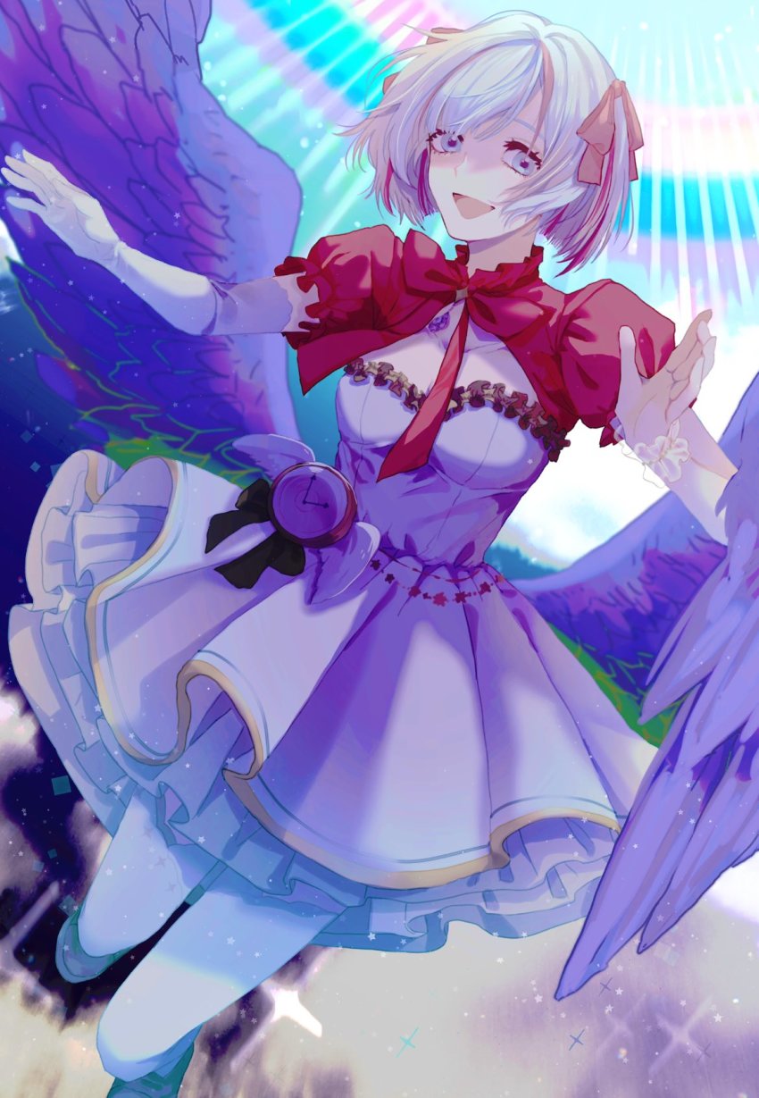 1girl, aozora_kurumi, bow, breasts, dress, gloves, grey_eyes, grey_hair, hair_bow, highres, medium_breasts, open_hands, pantyhose, project_kavvaii, puffy_short_sleeves, puffy_sleeves, red_bow, red_hair, short_hair, short_sleeves, shrug_(clothing), single_glove, smile, solo, virtual_youtuber, white_dress, white_gloves, white_pantyhose, wings, yes_toriniku