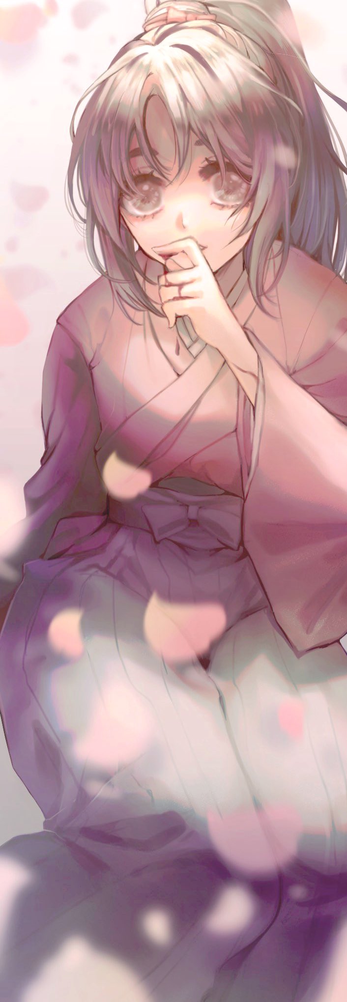 1girl, black_eyes, black_hair, eyebrows_hidden_by_hair, falling_petals, green_skirt, hakama, hakama_skirt