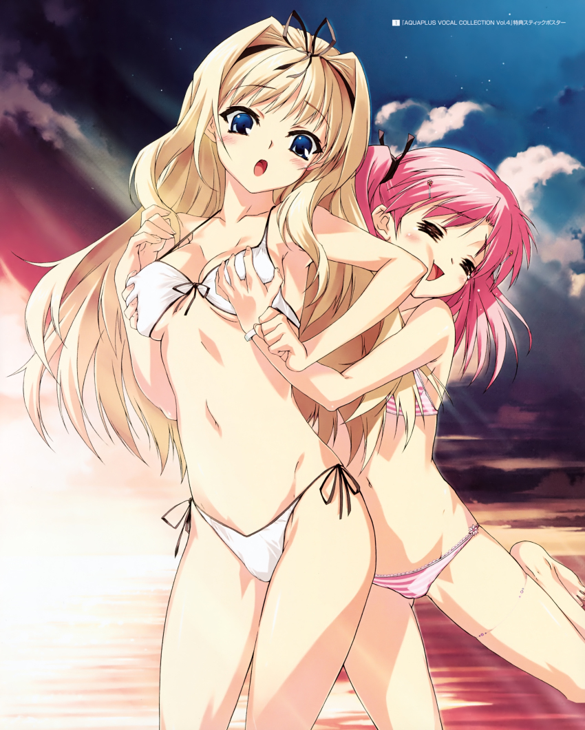 2girls, =_=, absurdres, age_difference, barefoot, beach, bikini, blonde_hair, blush, breasts, cleavage, grabbing_another's_breast, groping, hair_ribbon, highres, kawata_hisashi, kusugawa_sasara, light_rays, long_hair, maaryan_(to_heart), medium_breasts, multiple_girls, navel, onee-loli, pink_hair, poster_(medium), ribbon, side-tie_bikini_bottom, small_breasts, striped_bikini, striped_clothes, sunbeam, sunlight, sunset, swimsuit, to_heart_(series), to_heart_2, white_bikini, yuri