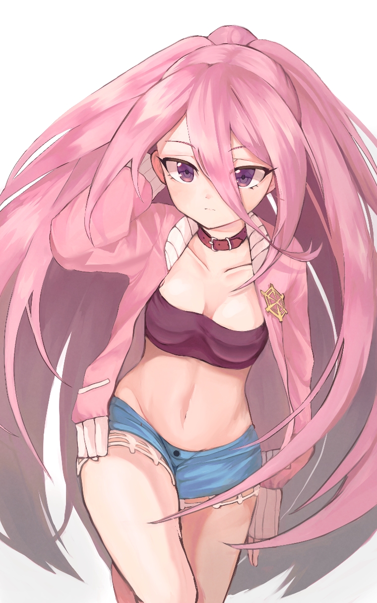 1girl, breasts, cleavage, collar, denim, denim_shorts, hair_between_eyes, hand_up