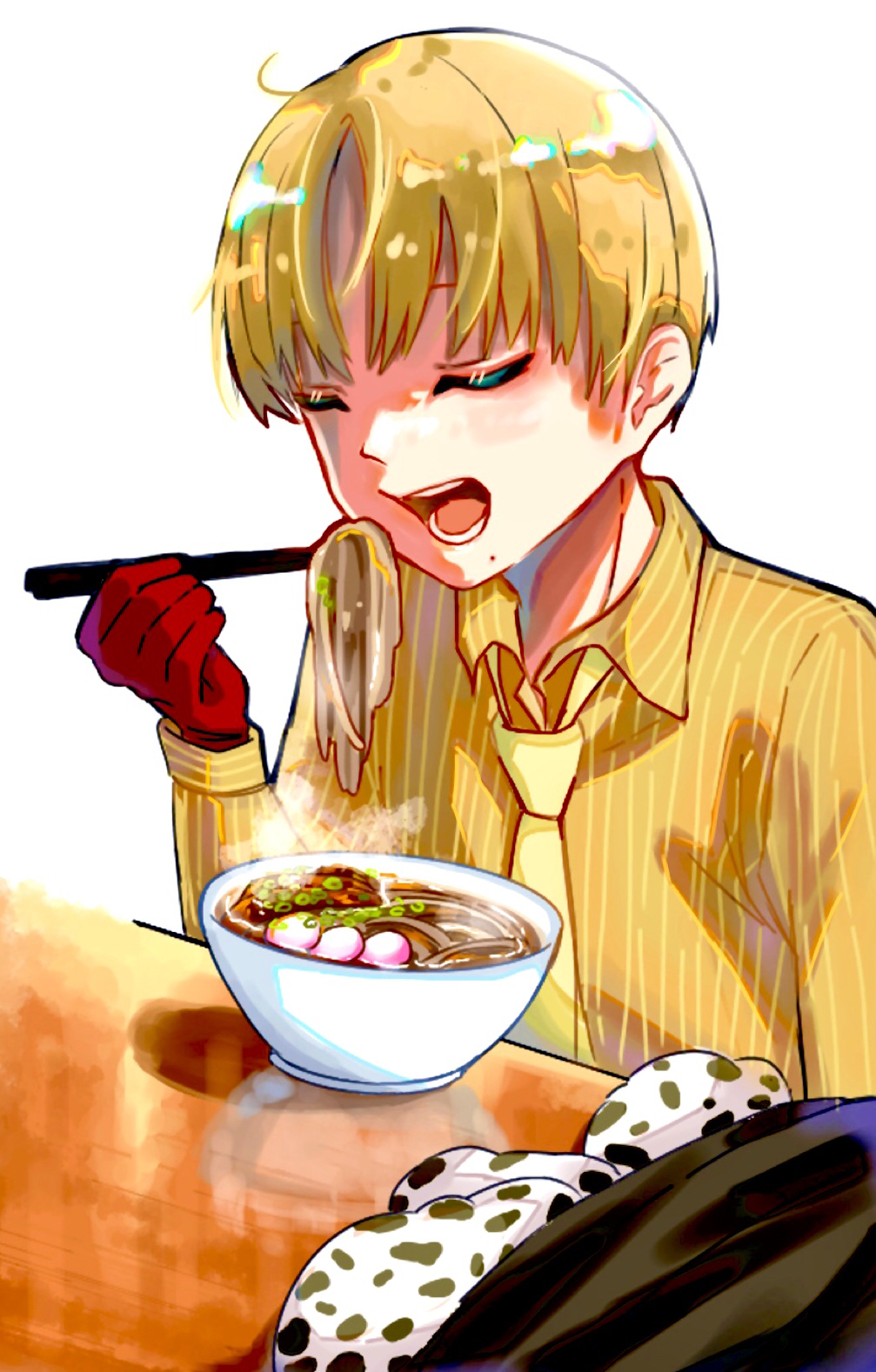 1boy, :d, bowl, chopsticks, eating, closed_eyes, food, gloves, highres, kemono_jihen, long_shirt, mochii_pokanyan, mole, mole_under_mouth, necktie, noodles, nowaki_homuramaru, open_mouth, ramen, red_gloves, reflection, shirt, smile, solo, untranslatable_commentary, white_background, yellow_necktie, yellow_shirt